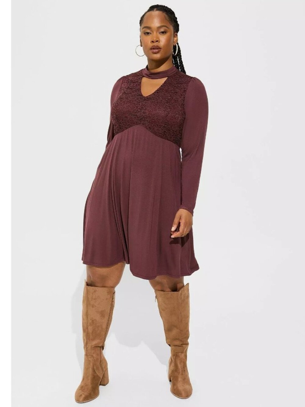 Torrid At The Knee Super Soft Lace Bodice Mock Neck Skater Dress Size 2X Purple